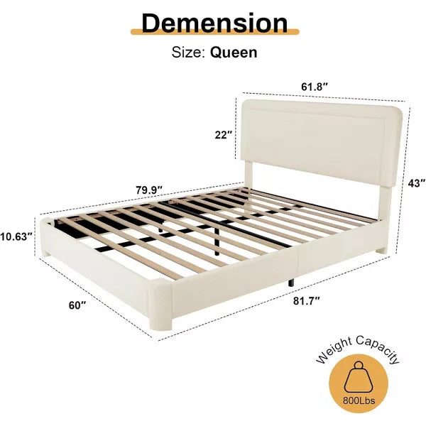 Vipbear Boucle Bed Frame,Upholstered Bed Frame With Headboard, Surface Cover Soft Cloud Bed Frame Easy Assembly, No Box Spring Required