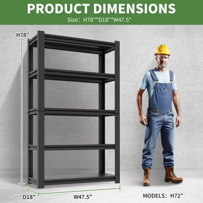 Munora 78"H 5-Tier Extra-Wide Garage Shelf, Adjustable Heavy Duty Metal Rack, 2500 lbs Capacity, Industrial Powder-Coated Steel, 48"W x 18"D, Black