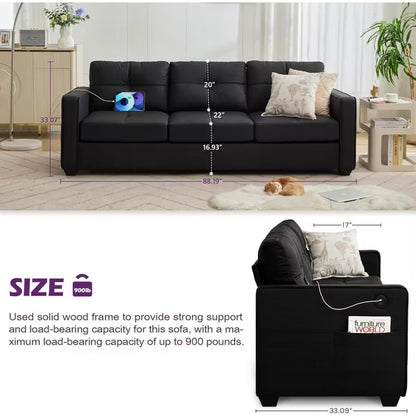 TYBOATLE 88" Faux Leather L-Shaped Sectional Sofa, Comfy Modular Couch with Chaise & USB, Convertible Sofa for Living Room, Bedroom, or Small Spaces