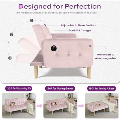 TYBOATLE 65 inch Convertible Velvet Futon Sofa Bed, Modern Upholstered Couch with USB, Folding Loveseat for Small Space, Apartment, Office