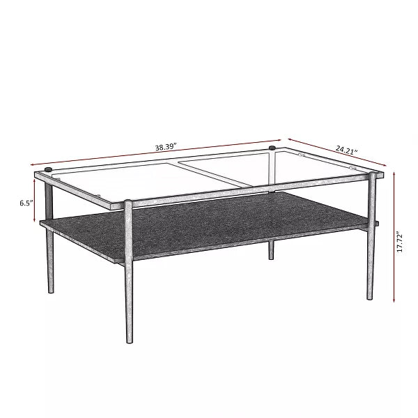 Wooakway Rectangle Coffee Table with Tempered Glass Tabletop, Modern Table for Living Room