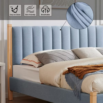 LEOVSNOVE Upholstered Platform Bed Frame Vertical Channel Tufted Headboard Silent Design No Box Spring Needed Easy Assembly