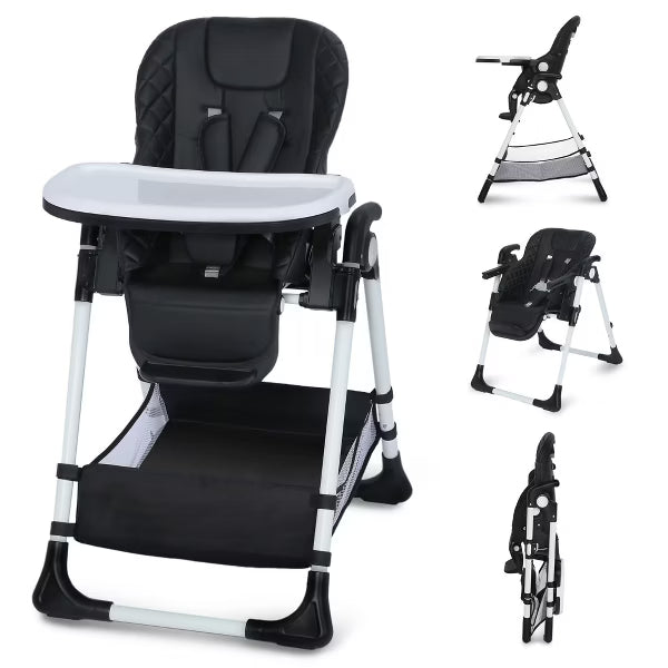 Kinder King Foldable High Chair for Babies & Toddlers, Adjustable Height, Recline, Storage Basket, Double Trays, Easy to Clean