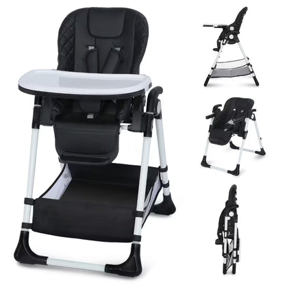 Kinder King Foldable High Chair for Babies & Toddlers, Adjustable Height, Recline, Storage Basket, Double Trays, Easy to Clean