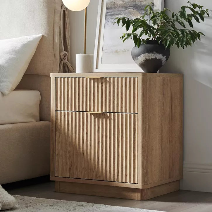 SinCiDo 23" Fluted Nightstand w/Charging Station, 2 Drawer Mid Century Modern End Table w/Storage for Bedroom & Living Room