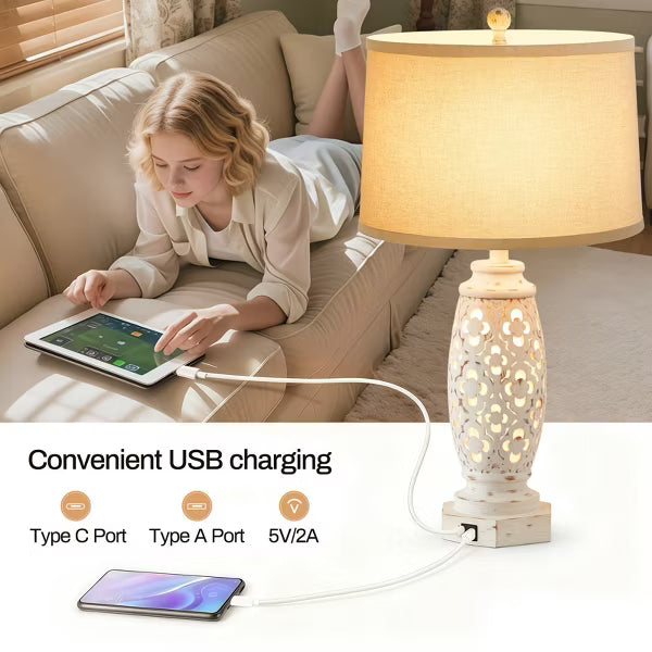 GTCLIGHTING 28.5'' Farmhouse Table Lamp for Living Room Bedroom, Nightstand Desk Lamp with 2 USB Ports , White Hollow Out Resin Lamp