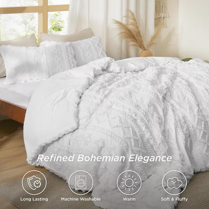 2/3Pcs Tufted Boho Farmhouse Shabby Chic Embroidery Comforter Bedding Set - Bedsure