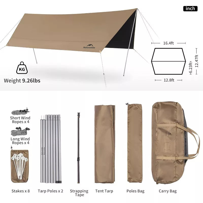 Naturehike Camping Tent Tarp with Poles, Waterproof PU 18000mm+, Anti-UV UPF2000+ Camping Sun Shelter Rain Fly, Camping Tent Canopy for Outdoor Party