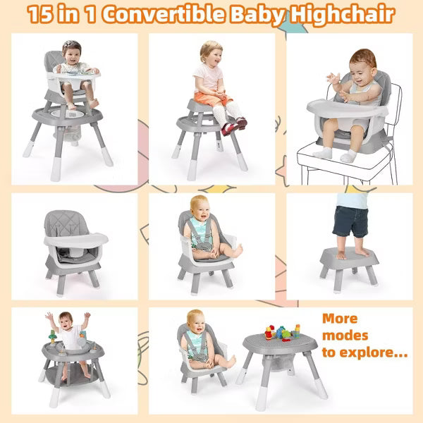 Kinder King 15 in 1 Baby High Chair, Coverts to Rotatable Activity Play Center/Infant Dining Booster Seat, Detachable Toys, Removable Tray