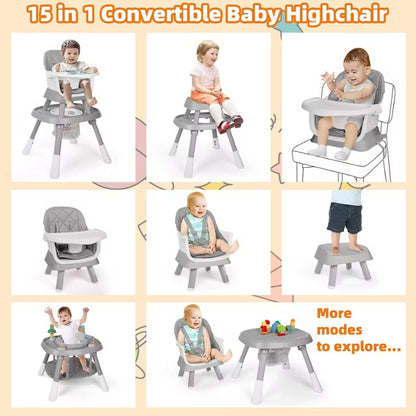 Kinder King 15 in 1 Baby High Chair, Coverts to Rotatable Activity Play Center/Infant Dining Booster Seat, Detachable Toys, Removable Tray