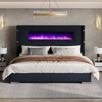 AMERLIFE Modern Bed Frame with Fireplace, Wingback Platform Bed Frame with 60.4“ Extra Tall Headboard, Beige