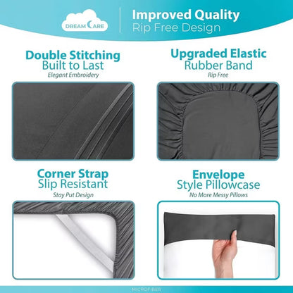 Hoey Queen Size 4-Piece Microfiber Sheet Set – Deep Pocket Bed Sheets with Embroidered Pillowcases Gray