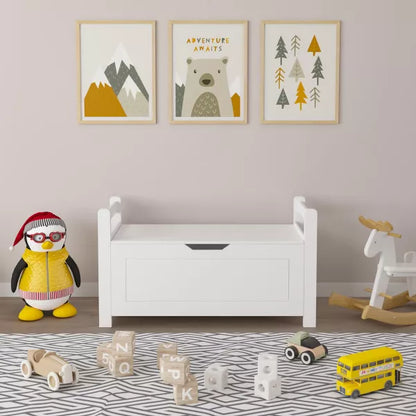 Kids Toy Box Chest, White Rubber Wood Toy Box for Boys Girls, Large Storage Cabinet with Flip-Top Lid/Safety Hinge