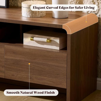 AMERLIFE 70" Modern Wood TV Stand with Curved Design & 2 Storage Cabinets, for TVs Up to 80", Media Console Entertainment Center for Living Room