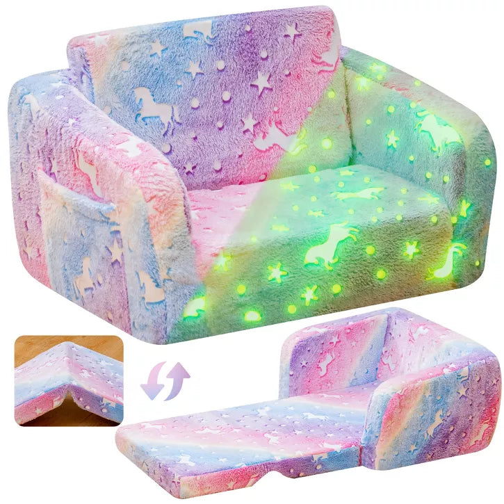 Hooseng Toddler Couch, 2-in-1 Glow-in-The-Dark Plush Kids Fold-Out Sofa, Convertible Kids Sofa to Lounger with Straight Armrests for Boys & Girls