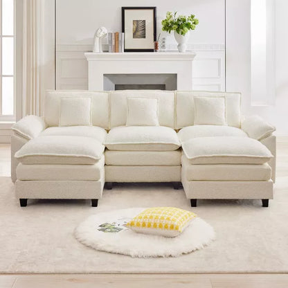 HYLEORY Chenille Fabric Pillow Top Arm U-Shaped Sectional Sofa , Indoor Convertible Modular Sectional Sofa Set with 2 Ottomans for Living Room