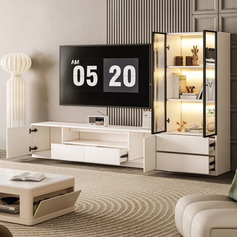 ATJafurn Media Console for TVs up to 75'', Modern Entertainment Center Living Room Cabinet Set Includes TV Stand Glass Display And Drawer Cabinet