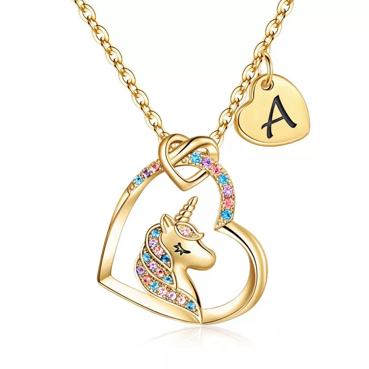 Turandoss Gold Unicorn Necklace Gifts for Girls Daughter - Heart Pendant Initial Unicorn Necklaces for Girl Teens, Little Girls Jewelry Birthday Gift
