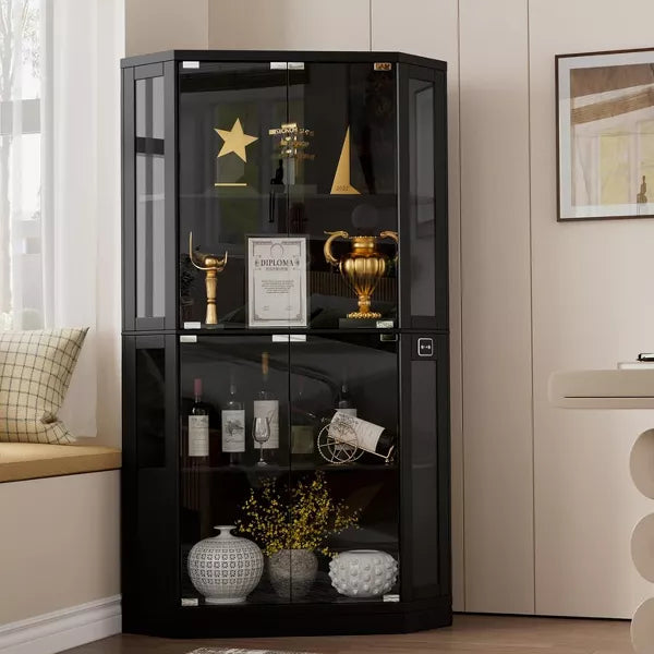 PAKASEPT 66.3” Tall Display Curio Cabinet with LED Lights, Tempered Glass Doors, 4-Tier Corner Display Cabinet for Toys, Books, Collectibles