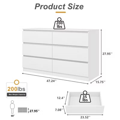 CIPACHO Modern White 6-Drawer Dresser - Roomy Double Dresser for Home
