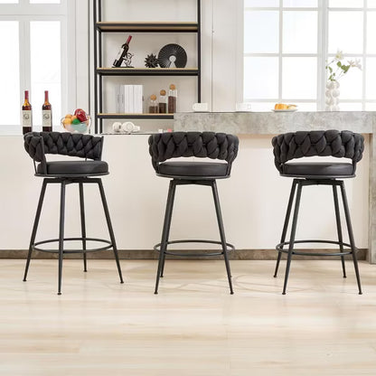 DYHOME 28 inch Bar Stools Set of 3, Modern Counter Height Bar Stools, 360 Swivel Suede Fabric Stool Chairs with Woven Back and Footrest