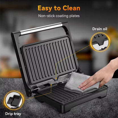 YASHE Panini Grill Press, 1200W Sandwich Maker with Non-Stick Cast Aluminum Plates, Fits 2 Slices, 180 Opening, Easy to Clean, Versatile Use