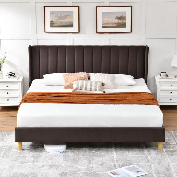 Elegant Upholstered Platform Bed with Vertical Channel Tufted Headboard No Box Spring Needed Noise-Free Easy Assembly