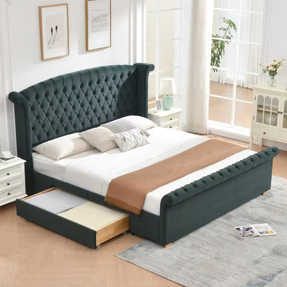 King Size Upholstered Sleigh Bed with 2 Storage Drawers,Elegant Curved Headboard&Footboard,Soft Velvet,No Box Spring Needed,Easy Assembly,Green