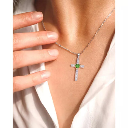 Molenia Birthstone Cross Necklace for Women, 925 Sterling Silver Heart Cross Pendant Necklace Fine Cross Jewelry Birthday Gifts for Her 18"+4" Inches