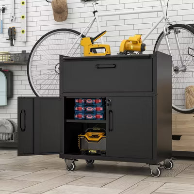 Yukimo Heavy-Duty Diamond-Plate Steel Rolling Tool Cabinet, 35"H Mobile Storage Cabinet, Adjustable Shelves