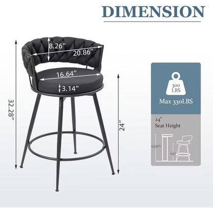 DYHOME 24 inch Bar Stools Set of 3, Modern Counter Height Bar Stools, 360 Swivel Suede Fabric Stool Chairs with Woven Back and Footrest