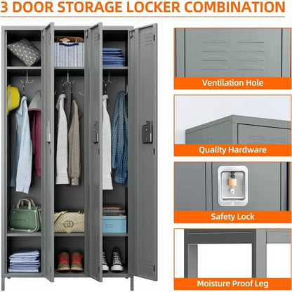 AOBABO Metal Lockers For Employees School Office Gym Home Lockers Storage,3 Doors Lockers With 6 Shelves And 6 Hooks, Assembly Required, Black