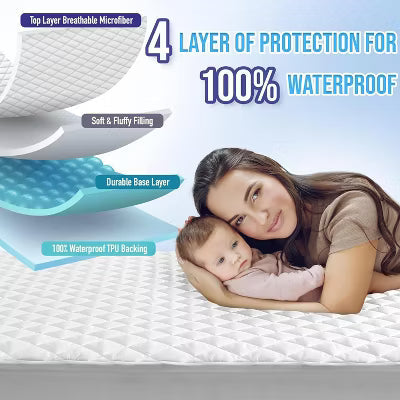 Hoey Twin XL Waterproof Mattress Pad Protector ¨C Quilted, Breathable, Noiseless Fitted Cover, Fits Up to 21" Deep Pocket