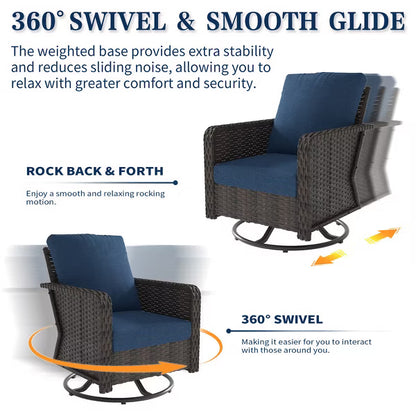 SUGOLD 6-Piece Wicker Patio Conversation Set with 3-Seat Sofa, 2 Swivel Rocking Chairs, 2 Ottomans, Side Table, Comfortable Blue Cushions