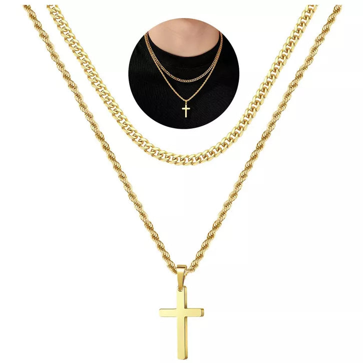 Turandoss 2PCS Gold Cross Necklace for Men Boys, Layered Stainless Steel Cross Pendant Necklaces, Birthday Gifts for Men, Father, Boys Fashion Stuff
