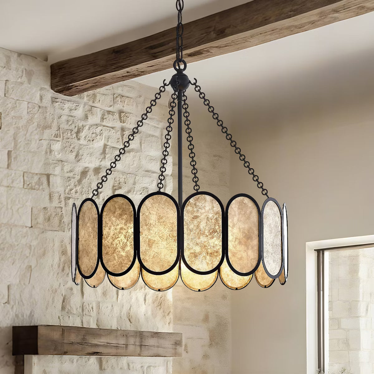 GTCLIGHTING 21.5" Modern Mica Chandeliers for Dining Room, 4-Light Black Antique Pendant Chandelier,Hanging Light Fixture for Living Room Bedroom