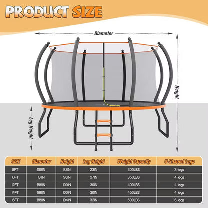 AMERLIFE 8FT 10FT 12FT 14FT 15FT 16FT Outdoor Trampoline with Enclosure Net and Ladder, Recreational Trampolines for Kids and Adults