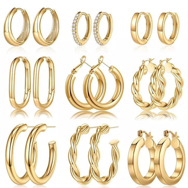 Turandoss 9Pairs 14k Gold Silver Hoop Earrings for Women Girls - Small Hypoallergenic Earrings Set, Gold Jewelry for Women Trendy, Teen Girl Gifts