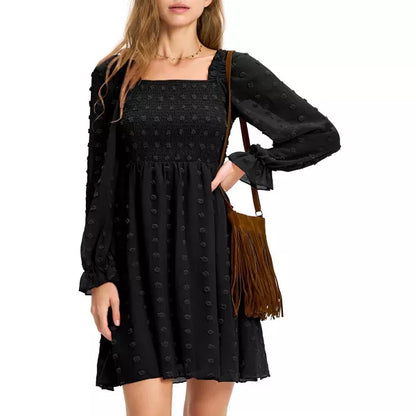 EXLURA Womens 2025 Summer Long Sleeve Party Swiss Dot Dress Smocked Ruffle Cocktail Mini Dresses