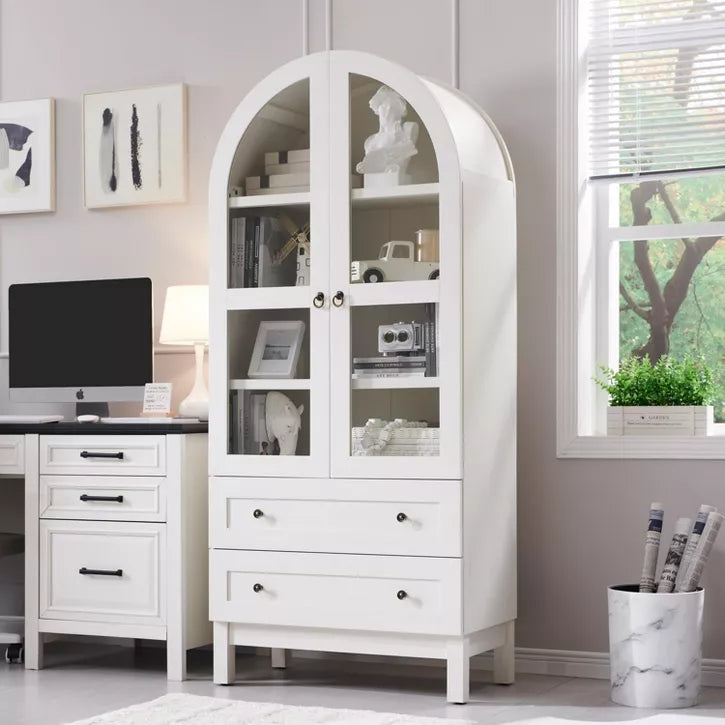 71″ Tall Arched Pantry Cabinet with 2 Drawers & Adjustable Shelves & Glass Doors, Modern Farmhouse Kitchen Storage Cabinet