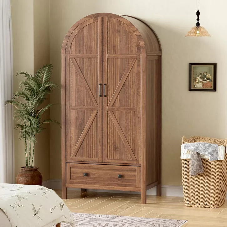 PAKASEPT 70.9‘’ Arched Wooden Armoire Wardrobe Closet with Drawers and Fluted Doors, with Light & Shelves and Hanging Rod, Brown