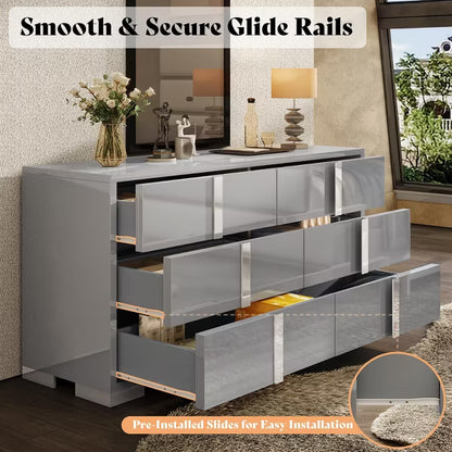 AMERLIFE 54" W High Gloss 6 Drawers Dressers with Silver Grooved Handles