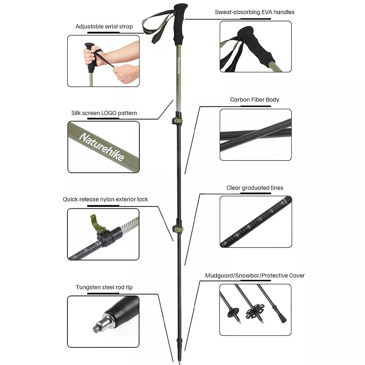 Naturehike Trekking Poles Carbon 169g 2-Piece Set Adjustable Ultra-Lightweight Hiking Sticks Unisex Walking Stick with Accessories for Outdoor