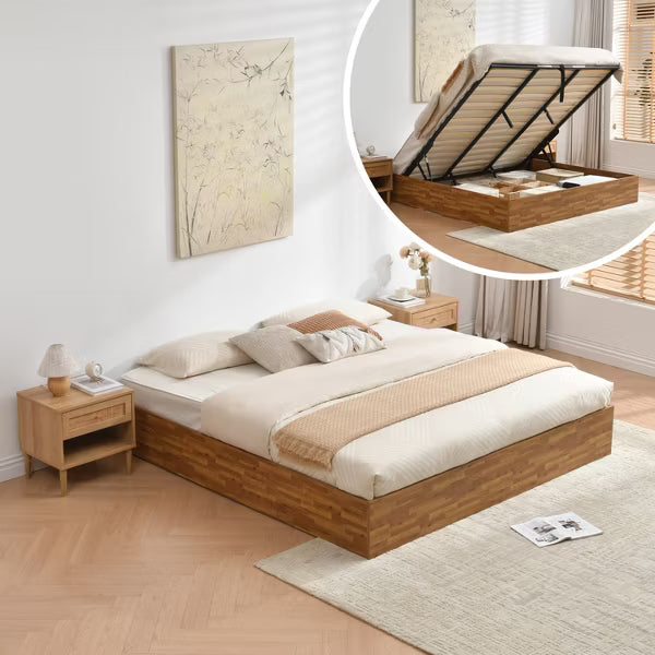 Lift Up Storage Platform Bed Frame - Rustic Off White | No Headboard, No Box Spring Needed, Easy Assembly