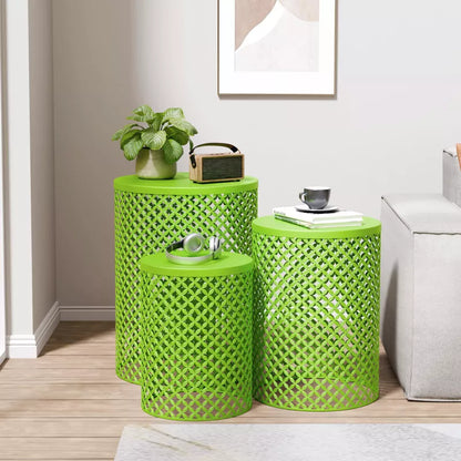 GlasFlength Patio End Tables, 2PCS Modern Cutout Patio Accent Table, Iron Side Table Weather Resistant, Iron Frame Patio Furniture, Green 14.5"*19.25"