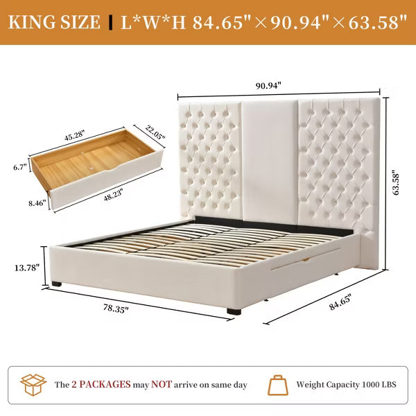 Platform Bed Frame with Storage Drawers Velvet Upholstered 63" Tall Button Tufted Headboard,Sprung Wooden Slats,No Box Spring Needed,Easy Assembly