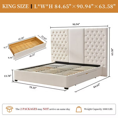 Platform Bed Frame with Storage Drawers Velvet Upholstered 63" Tall Button Tufted Headboard,Sprung Wooden Slats,No Box Spring Needed,Easy Assembly