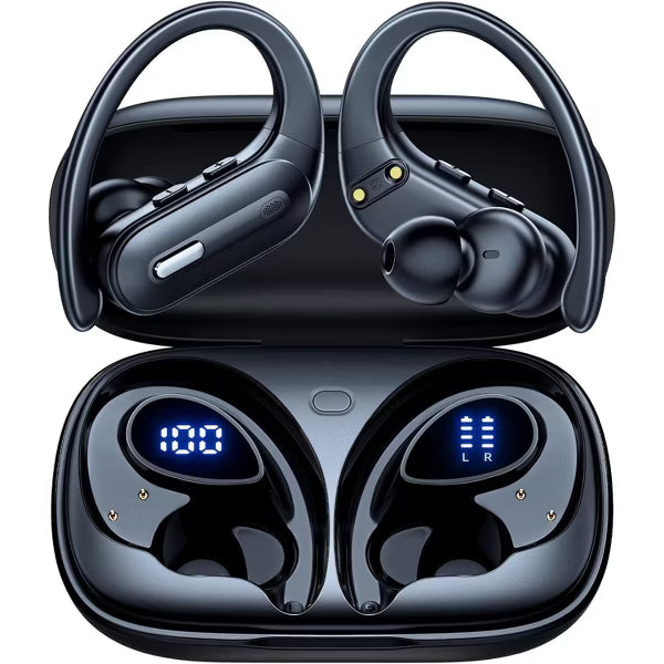 Active Noise Cancelling Wireless Earbuds Bluetooth Headphones 90 Hrs Playtime Ear Buds with Power Display Over-Ear Earphones with Earhooks IPX7 Black