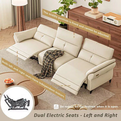 ATJafurn Full Grain Leather Power Reclining Sofa with Dual Motor, White Modern Recliner Sectional Couch with Console and USB Ports for Living Room