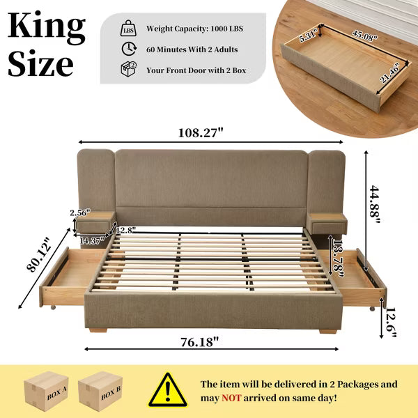 Upholstered Platform Bed with Integrated Nightstands 2 Spacious Storage Drawers,Carbon Steel Frame,No Box Spring Needed,Easy Assembly